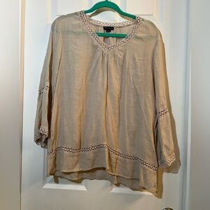 🦋 New Directions Tan Lace Trim Blouse size large